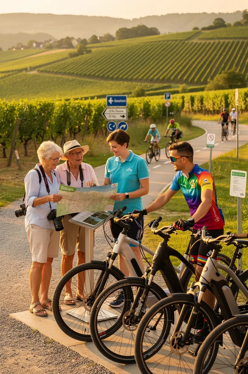 Kartendarstellung einer individuell gestalteten Fahrradtour durch Deutschland mit markierten Routen, Rastplätzen und Servicepunkten für Radfahrer.